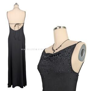 Vintage Prom Dress Maxi Gown 10 Black 90s Y2K Bead Backless Glam Slip Strappy
